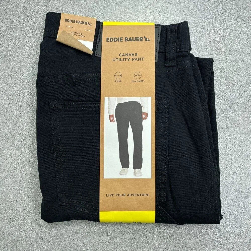 NEW Eddie Bauer Men's 32x30 Black Canvas Utility Pants Stretch Ultra Durable